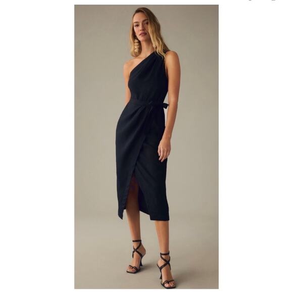 NEW ANTHROPOLOGIE Dress Size 10 NWOT One Shoulder 100% Linen Black Faux Wrap - Picture 1 of 16